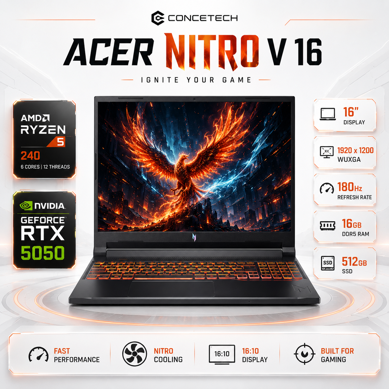 Notebook Gamer Acer Nitro V 16 RTX 5050 Ryzen 5 16GB 512GB 180Hz