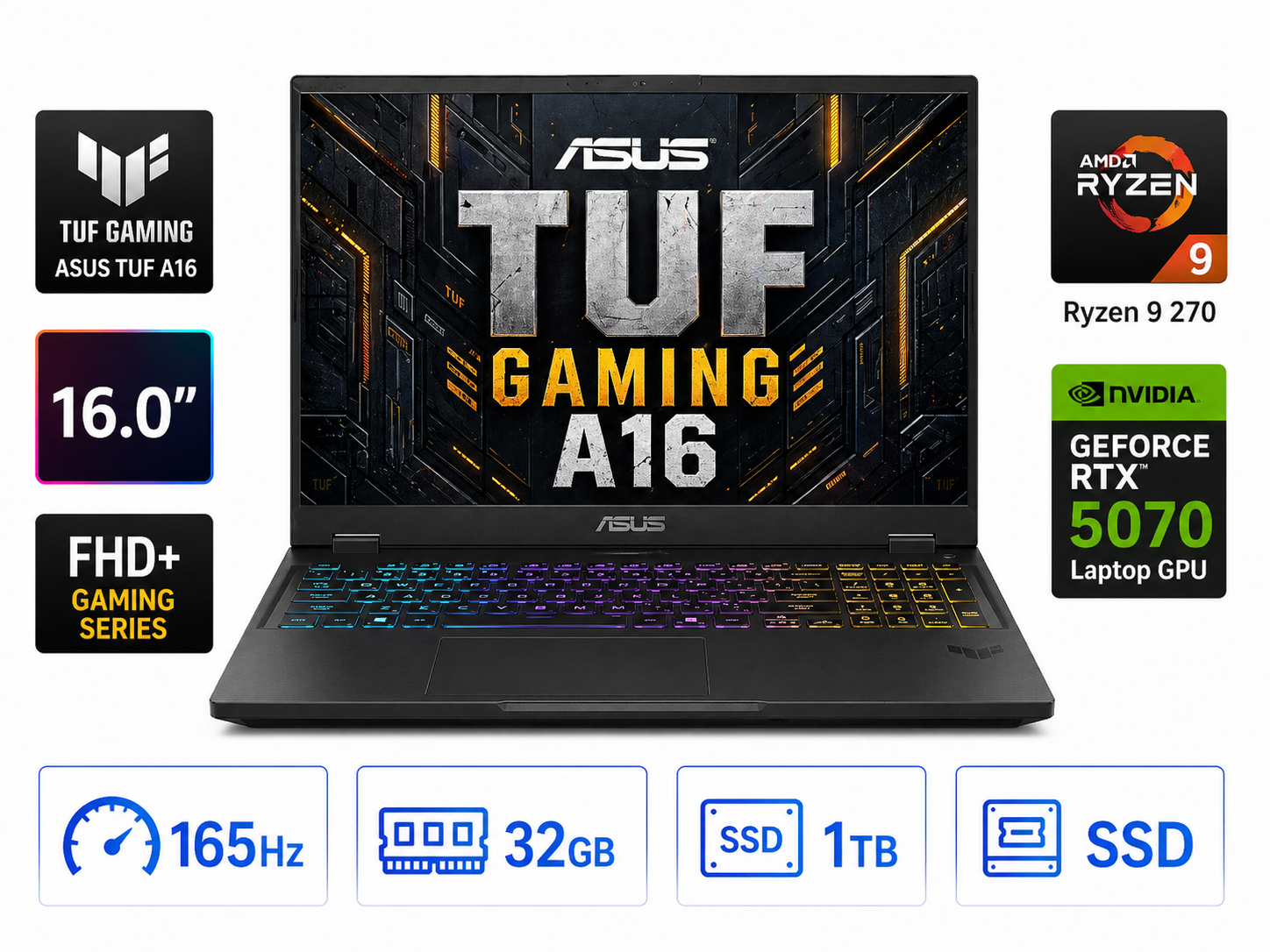 Notebook Gamer ASUS TUF A16 RTX 5070 32GB RAM Ryzen 9 1TB SSD 165Hz