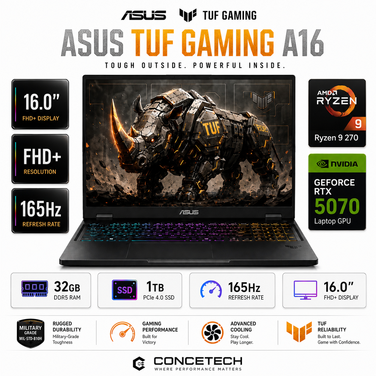 Notebook Gamer ASUS TUF A16 RTX 5070 32GB RAM Ryzen 9 1TB SSD 165Hz