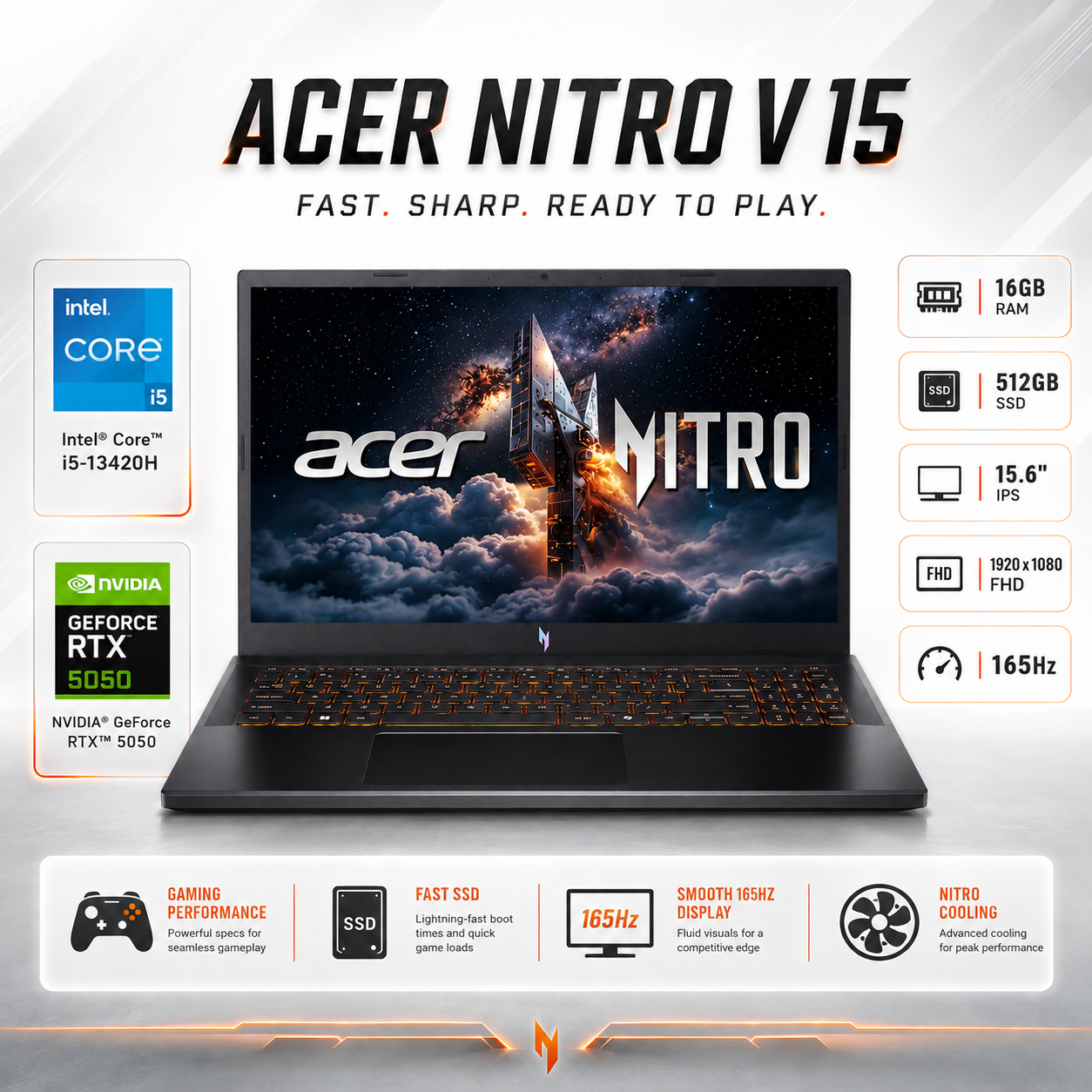 Notebook Gamer Acer Nitro V 15 RTX 5050 i5 16GB 512GB 165Hz