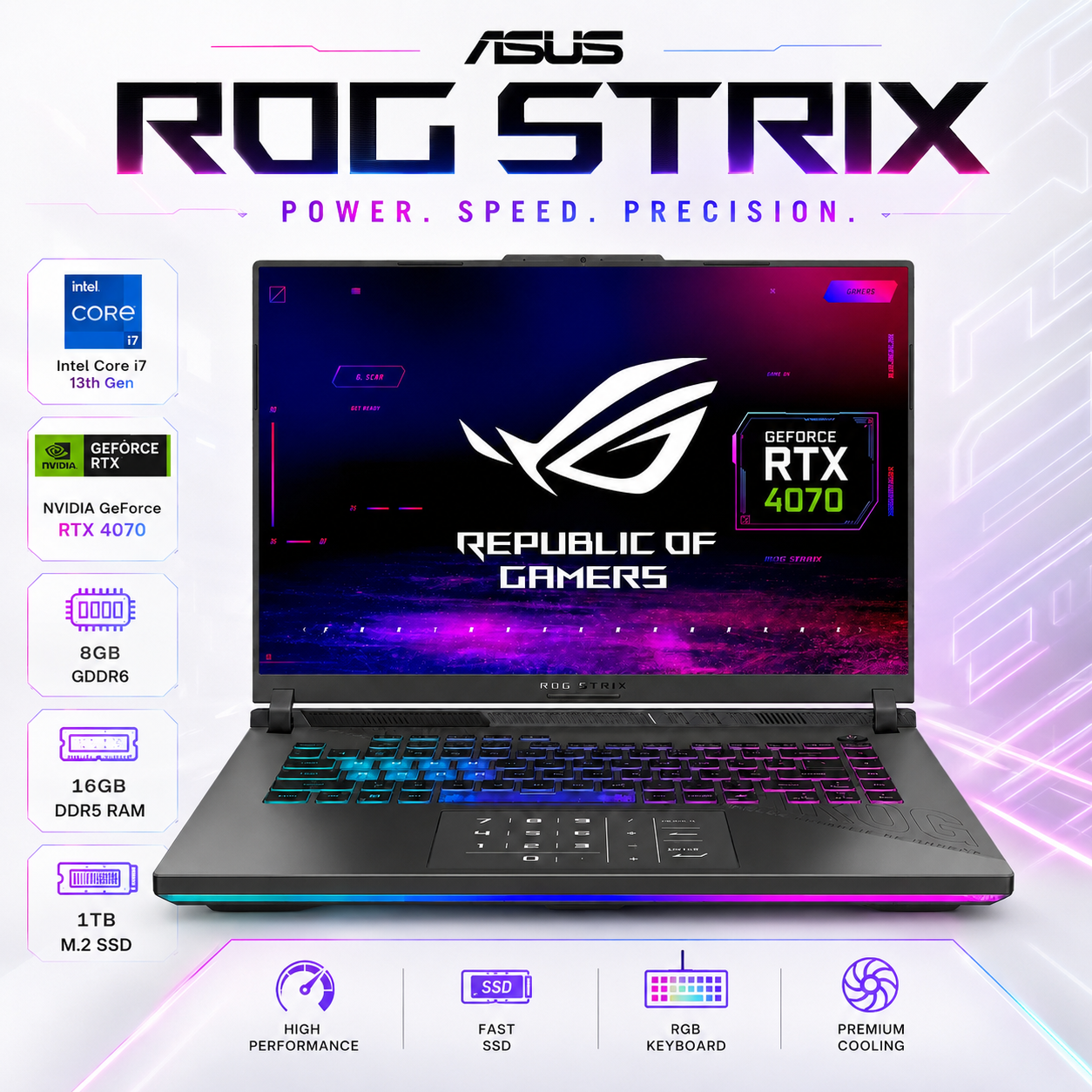 Notebook Gamer ASUS ROG Strix RTX 4070 8GB Core i7 13ª Gen 16GB DDR5 1TB SSD