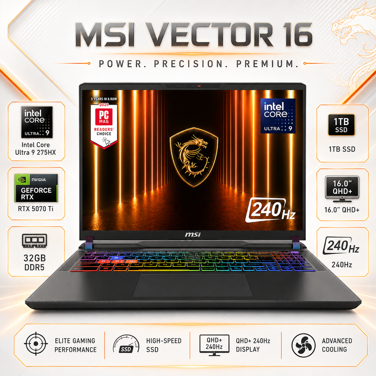 Notebook Gamer MSI Vector 16 RTX 5070 Ti Ultra 9 32GB 1TB QHD+ 240Hz