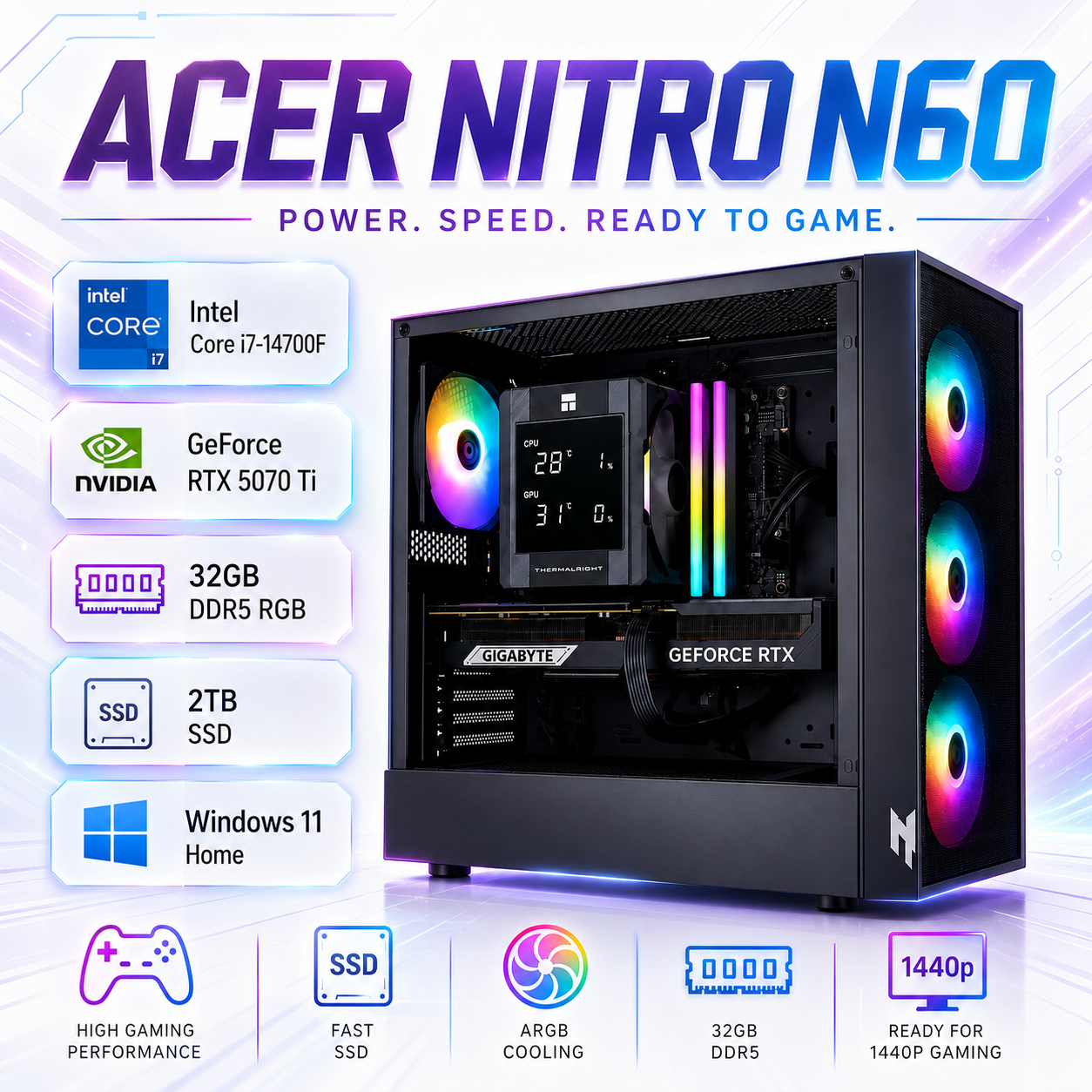 PC Gamer RTX 5070 Ti Intel I7 14700F 32 GB 2 TB Acer Nitro N60