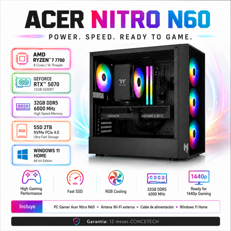 PC Gamer Acer Nitro N60 RTX 5070 Ryzen 7 7700 32GB 2TB